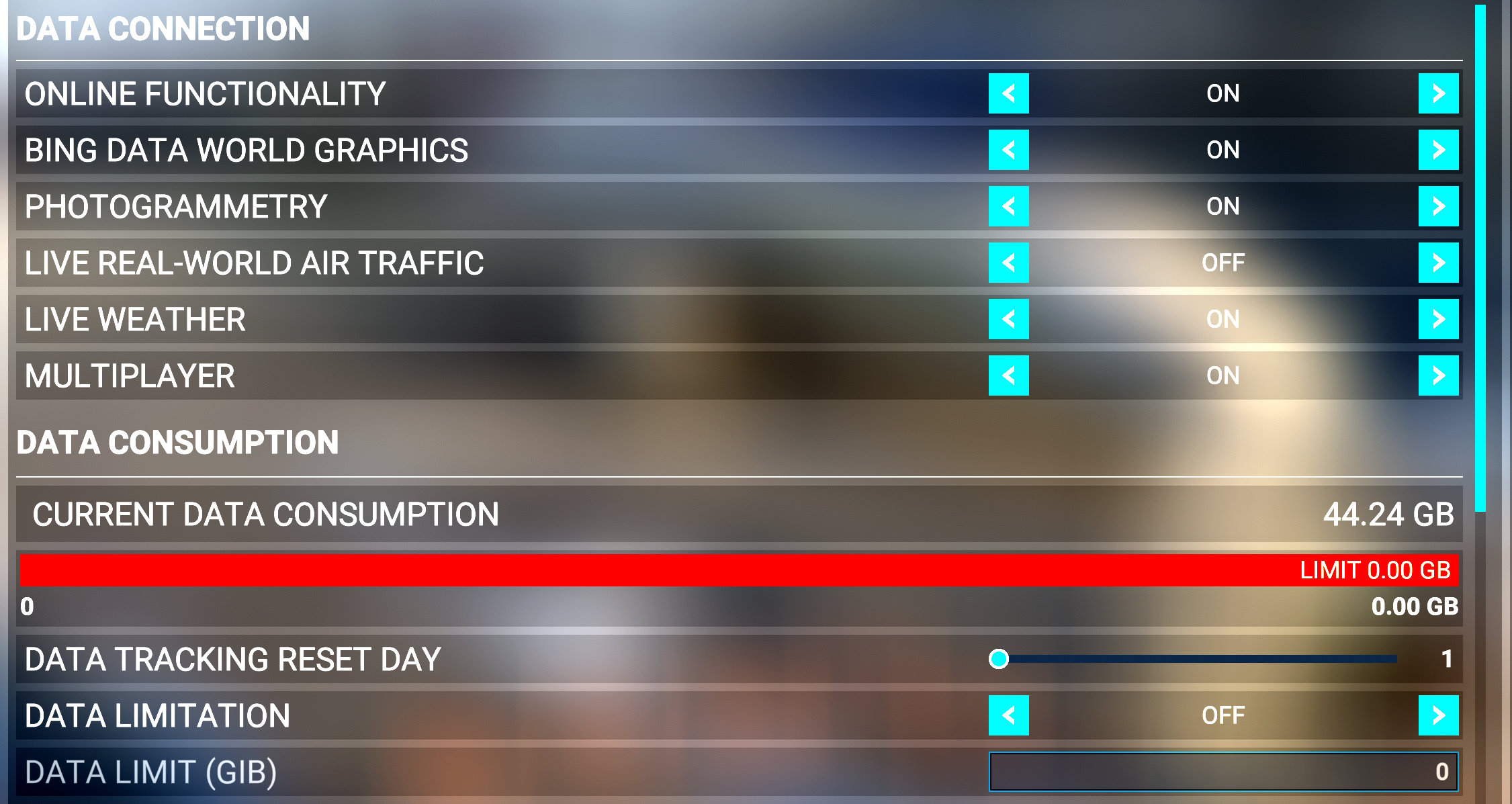 Microsoft Flight Simulator 2020 Data Settings