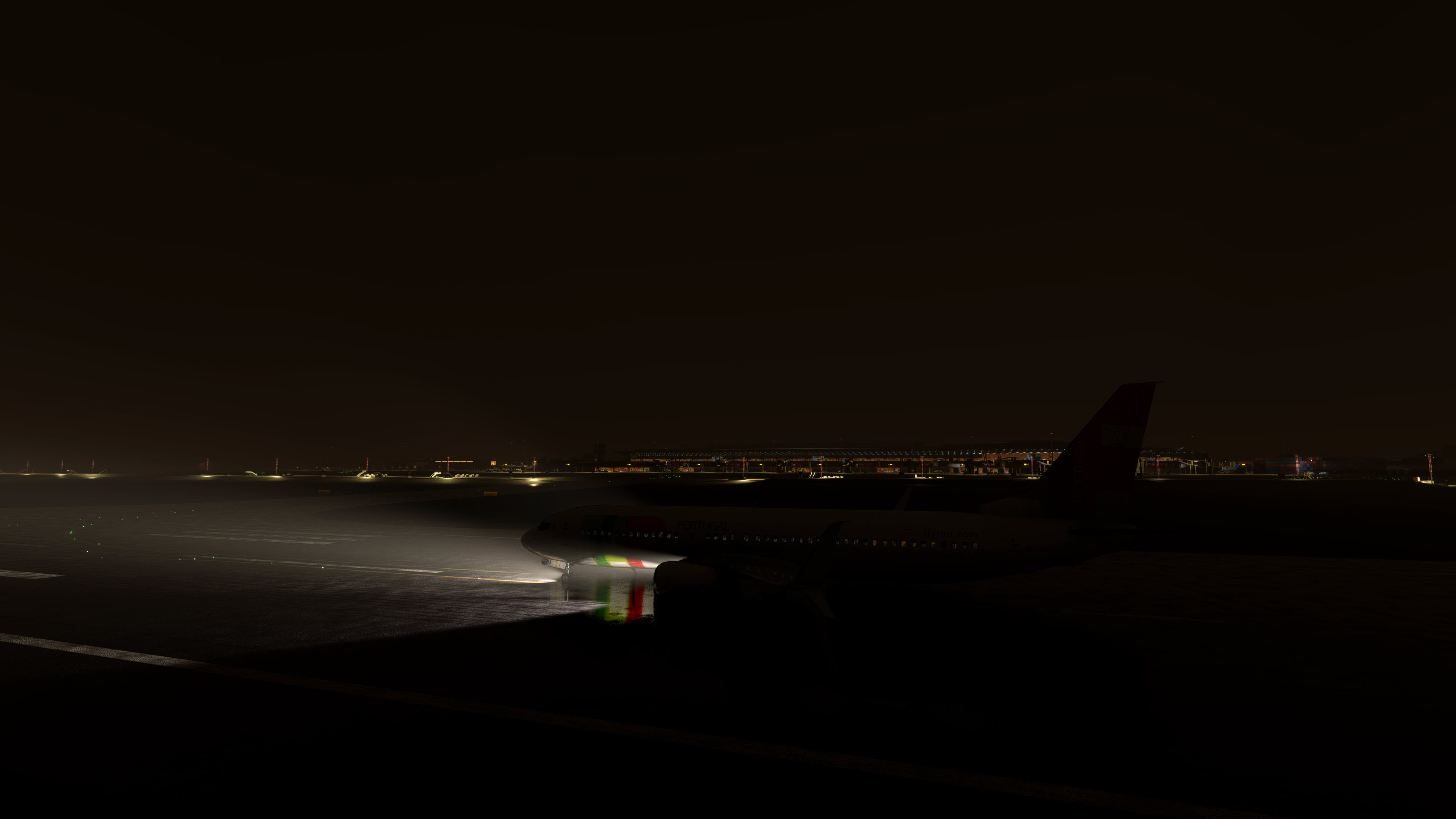 Taxi, Runway Turnoff and Landing lights ON at LPPR, external view (rainy night)