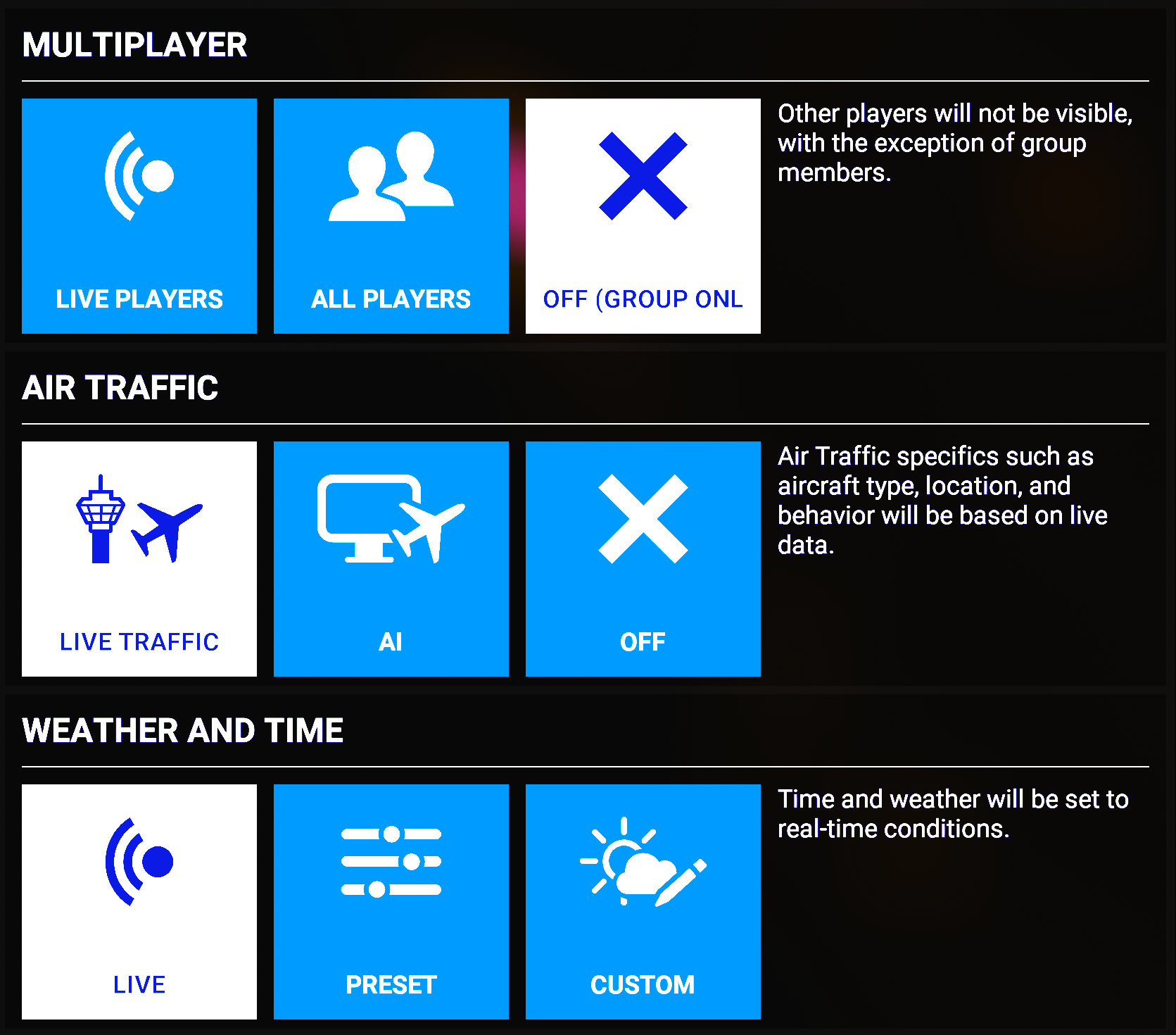 Microsoft Flight Simulator 2020 Flight Conditions Settings